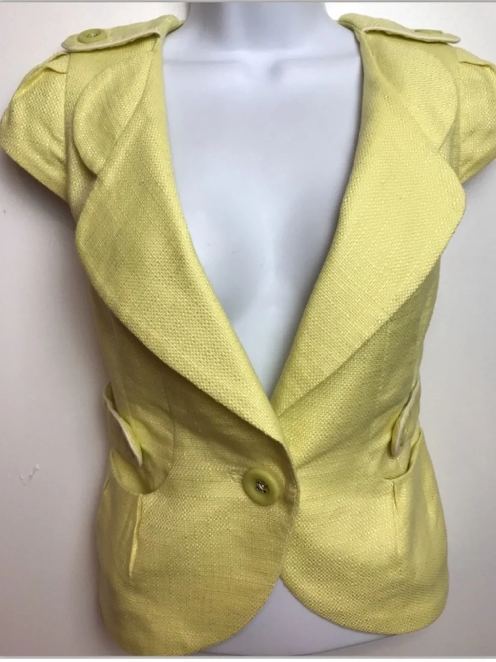 ELEVENSES Anthropologie Jacket Blazer Basketweave Yellow Button Cropped Peplum